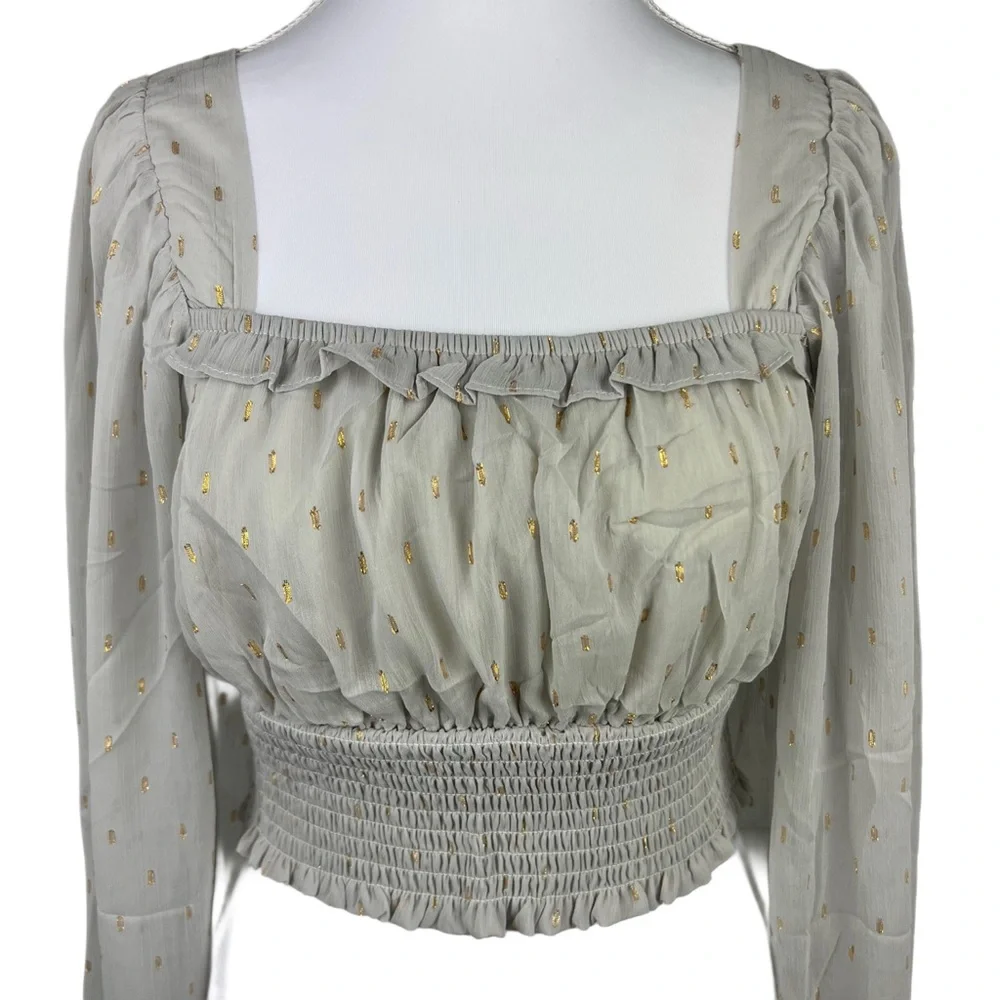 By The River Smocked Crop Top Small Square Neck Puff Sleeve Blouse Gray Gold Dot